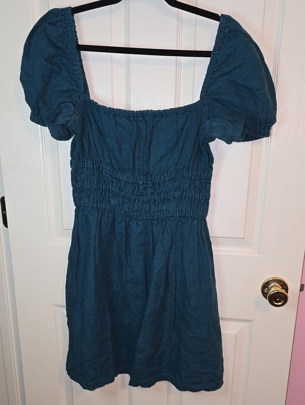 Smocked Puff-Sleeve Midi Dress in Teal Blue